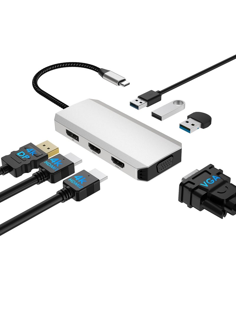 محول  USB C إلى HDMI مزدوج 4K 60Hz، محطة إرساء USB C 7 في 1 مع 2 HDMI Displayport VGA Hub، مقسم USB C لعرض 4 شاشات، محطة إرساء USB C لجهاز MacBook Lenovo Yoga - Image 1